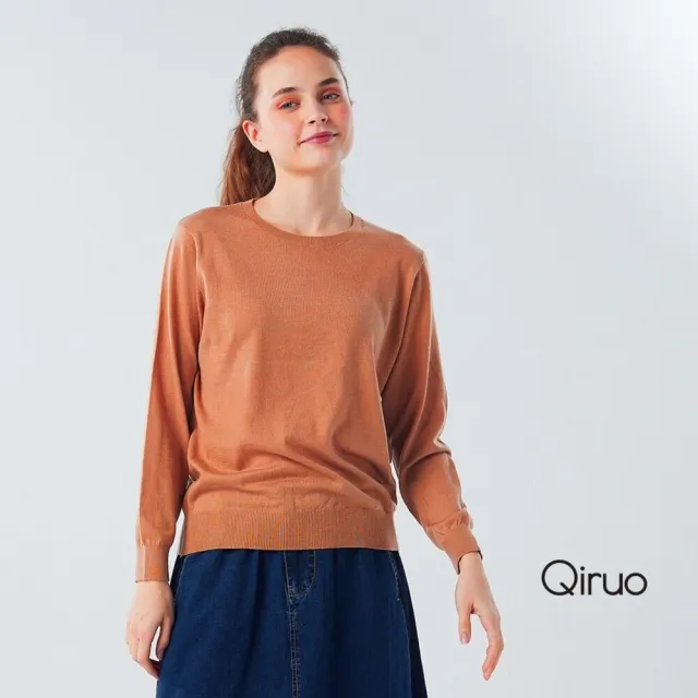 【Qiruo 奇若名品】秋冬專櫃針織長袖上衣0182A-90亮橘色小圓領百搭 