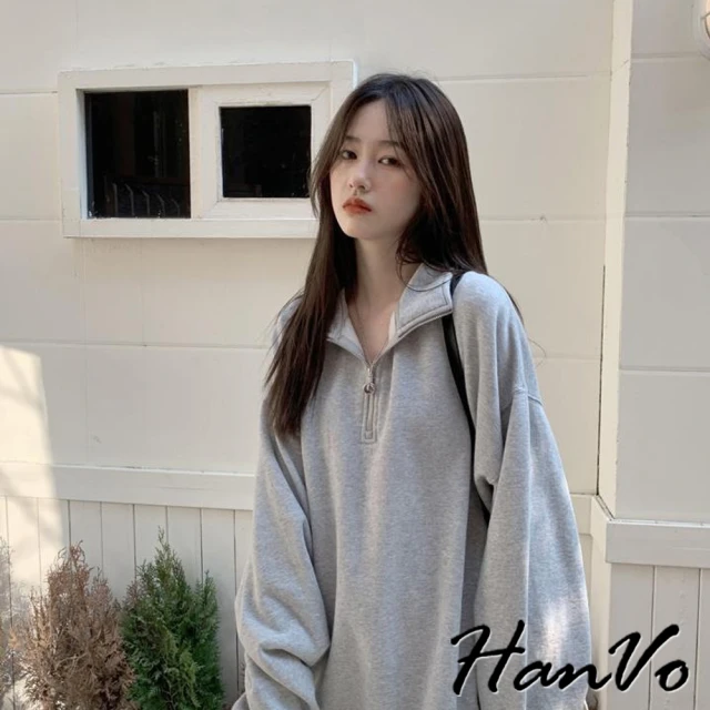 HanVo 現貨 領口拉鍊POLO領長版T(寬鬆簡約百搭 韓系女裝 女生衣著 0589)