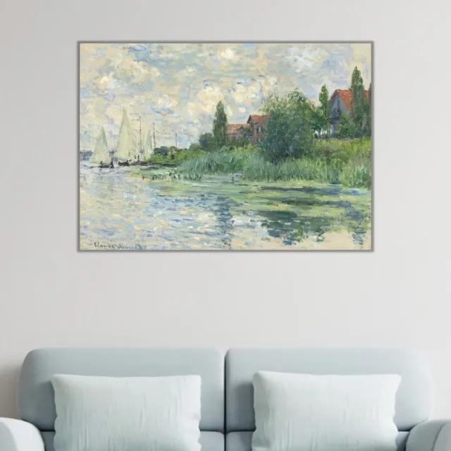 《小日尼維利耶的塞納河畔》莫內Monet．印象派畫家 世界名畫 經典名畫 風景油畫-無框60x80CM