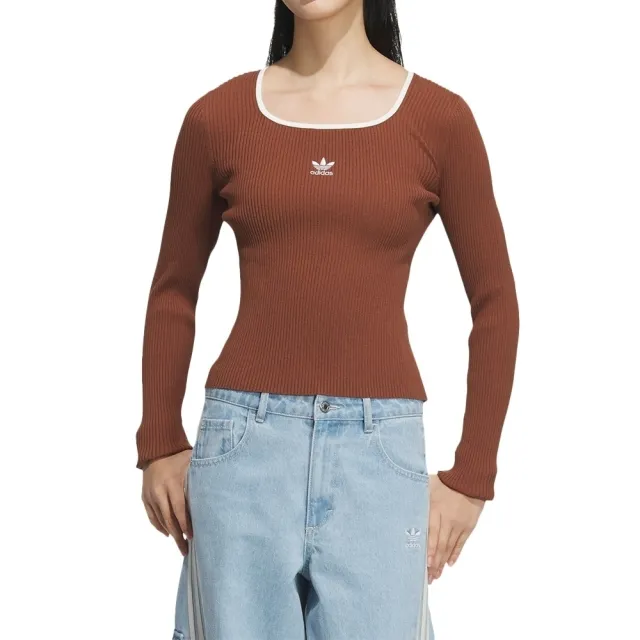 【adidas 愛迪達】ADI LS Sweater 女 長袖上衣 休閒長袖 方領 顯瘦 穿搭 咖啡(JM8053)