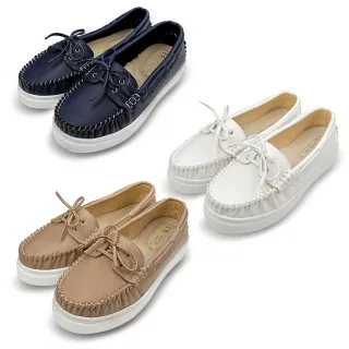 【FUFA Shoes 富發牌】復古輕旅蝶結莫卡辛鞋-白/深藍/杏 1DR84(女鞋/懶人鞋/厚底鞋/厚底懶人鞋/莫卡辛)