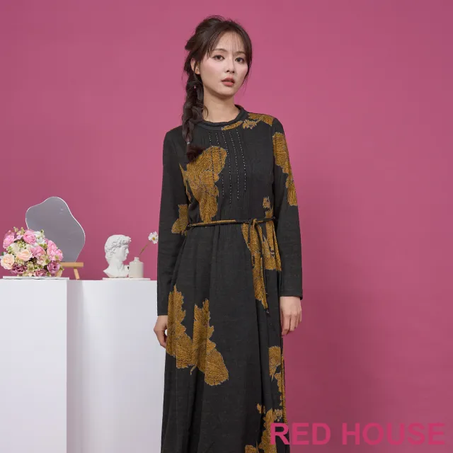 【RED HOUSE 蕾赫斯】花朵印花磨毛修身洋裝(深灰色)
