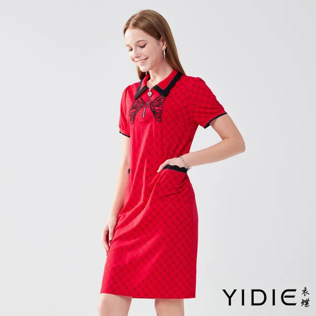 【YIDIE】出清品 撞色花邊翻領印花短洋裝-紅