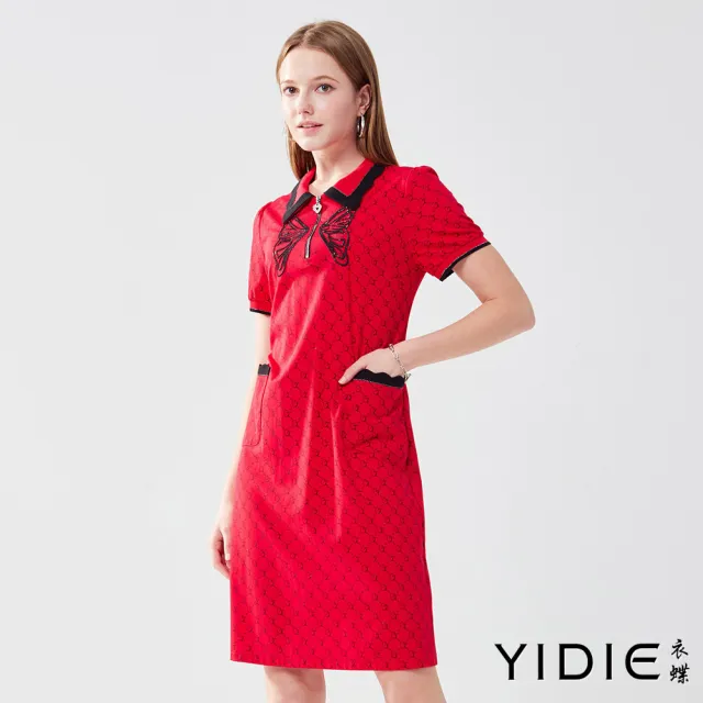 【YIDIE】出清品 撞色花邊翻領印花短洋裝-紅