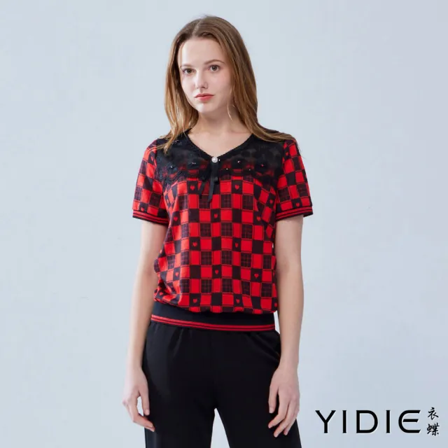 【YIDIE 衣蝶】黑紅格紋拼接蕾絲造型上衣-磚