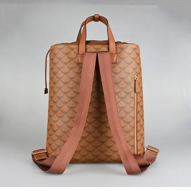 【MCM】MCM HIMMEL經典LOGO設計LAURETOS印花帆布束口手提後背包(中/棕)