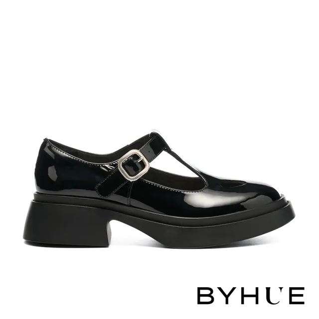 【BYHUE】純欲個性方釦T字寬帶牛軟漆皮瑪莉珍軟芯厚底鞋(黑)