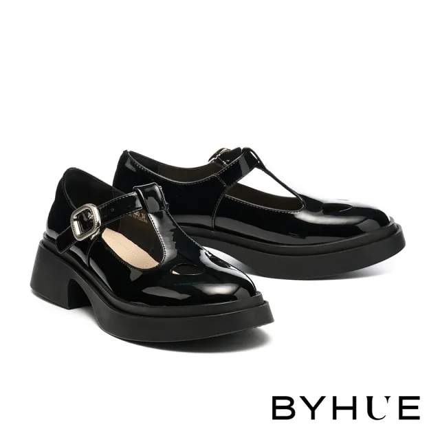 【BYHUE】純欲個性方釦T字寬帶牛軟漆皮瑪莉珍軟芯厚底鞋(黑)