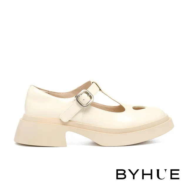 【BYHUE】純欲個性方釦T字寬帶牛軟漆皮瑪莉珍軟芯厚底鞋(米白)