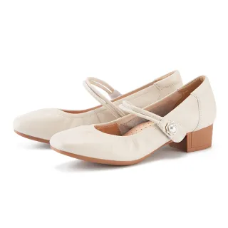 【MAGY】魔鬼氈真皮一字帶低跟瑪莉珍鞋(米色)