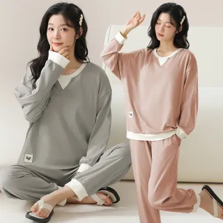【Kosmiya】1套 帶胸墊 棉質拼接長袖睡衣/女睡衣/居家服/保暖睡衣/睡衣套裝(3色可選/均碼/加大碼)