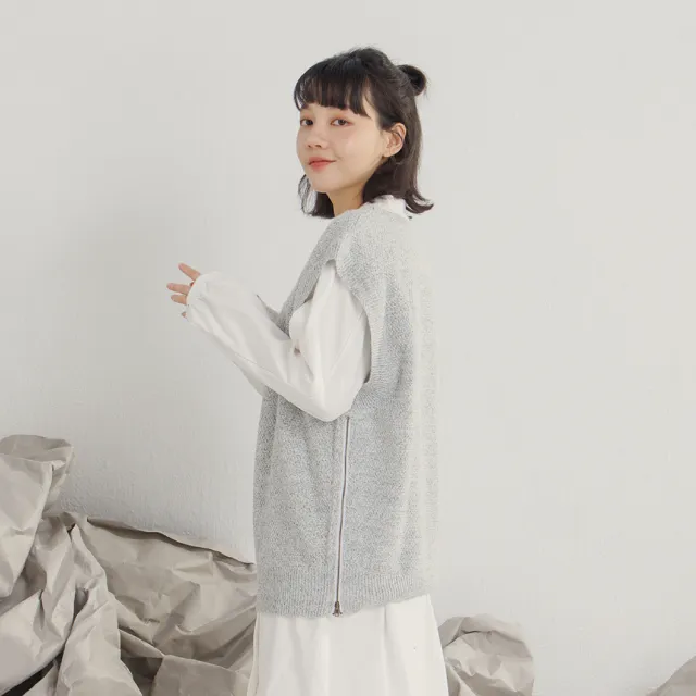【MOSS CLUB】花紗脇邊拉鍊式開衩圓領無袖針織背心(黑 白 黃/魅力商品)