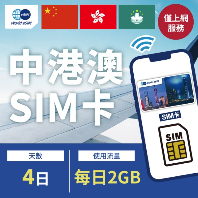 中港澳上網 SIM卡 中國/香港/澳門 6天方案 每日2GB