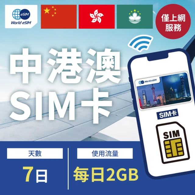 中港澳上網 SIM卡 中國/香港/澳門 6天方案 每日2GB