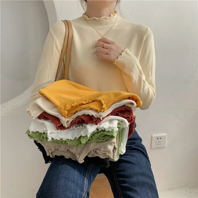 【baibeauty 白鳥麗子】溫柔素面荷葉邊微高領長袖上衣(合身上衣)