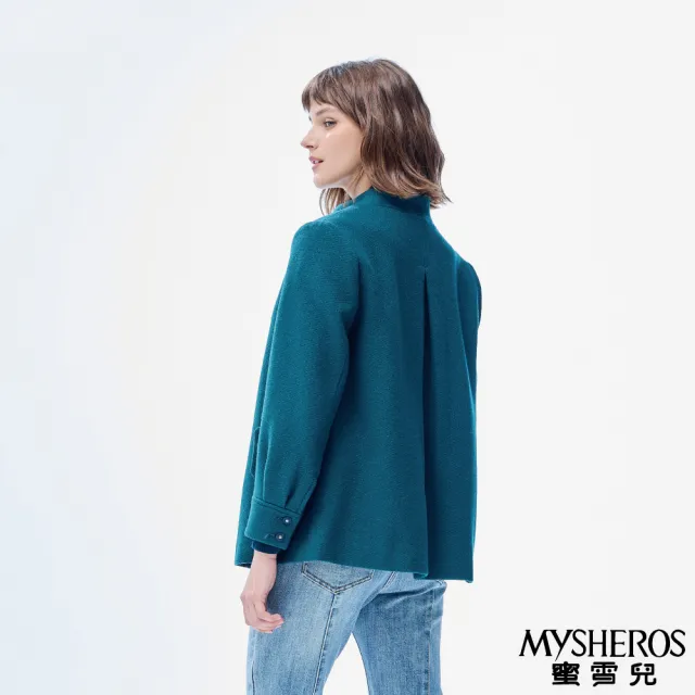 【MYSHEROS 蜜雪兒】安哥拉羊毛造型外套 立領排釦 釦飾澎袖設計(藍綠)