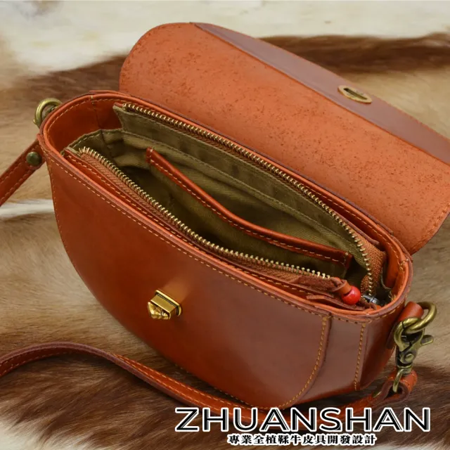 【ZHUANSHAN】真皮 奢華黃銅轉扣植鞣牛皮馬鞍包 肩背包(真皮包包 黑色／棕色／咖啡色)