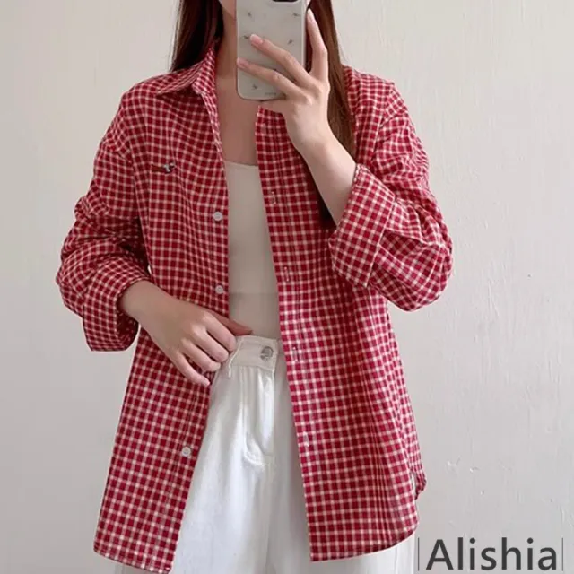 【Alishia】復古格紋寬鬆顯瘦長袖襯衫 S-2XL(紅色)