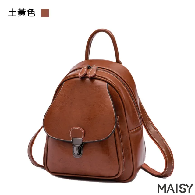 【MAISY】真皮 復古油蠟牛皮後背包(真皮包包 現+預 綠色／黑色／土黃色／咖啡色)