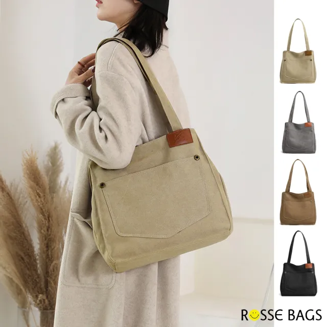 【Rosse Bags】簡約百搭帆布大容量托特包(卡其色 / 灰色 / 咖啡色 / 黑色)