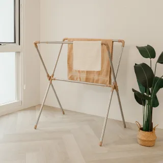 【ikloo 宜酷屋】不銹鋼X型雙桿伸縮曬衣架(奶茶色 伸縮曬衣架 被子收晾衣架 衣物收納架)