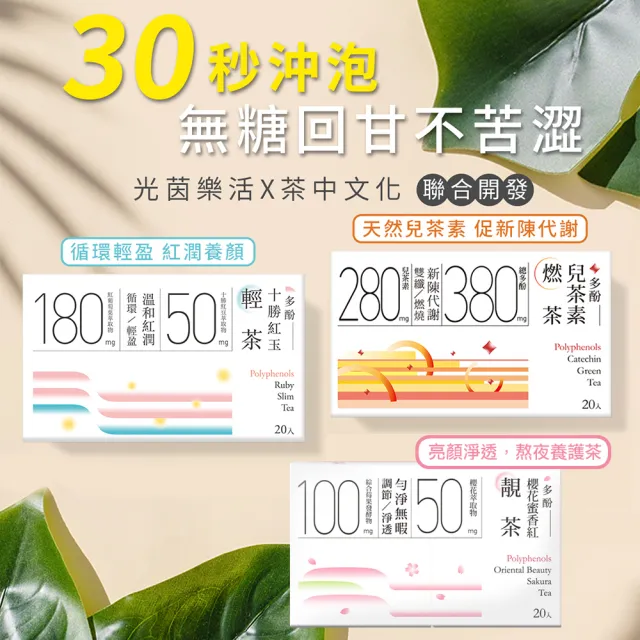 【光茵樂活】30秒冷泡機能茶x3盒(共60入；多酚兒茶素燃茶/十勝紅玉輕茶/櫻花蜜香紅靚茶)