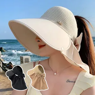 【kingkong】蝴蝶結披肩大簷空頂漁夫帽 防曬遮陽帽