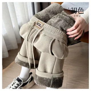 【初色】抽繩燈心絨純色內裏加絨加厚直筒休閒褲寬褲長褲顯瘦褲-共3色-39454(M-3XL可選)