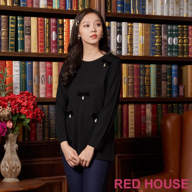 【RED HOUSE 蕾赫斯】蝴蝶節點綴長版針織衫(黑色)