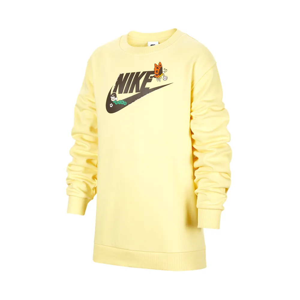 【NIKE 耐吉】Club FLC Crew LS GCEL 大童 童裝 黃色 運動 磨毛 上衣 長袖 HQ4885-701