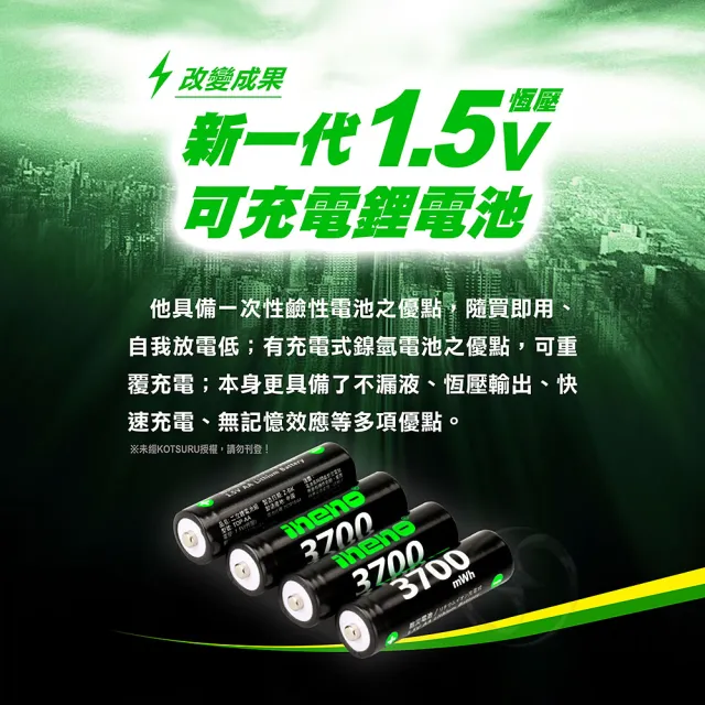 【iNeno】3號/AA 恆壓可充式 1.5V鋰電池 全新特大能量 3700mWh 8入