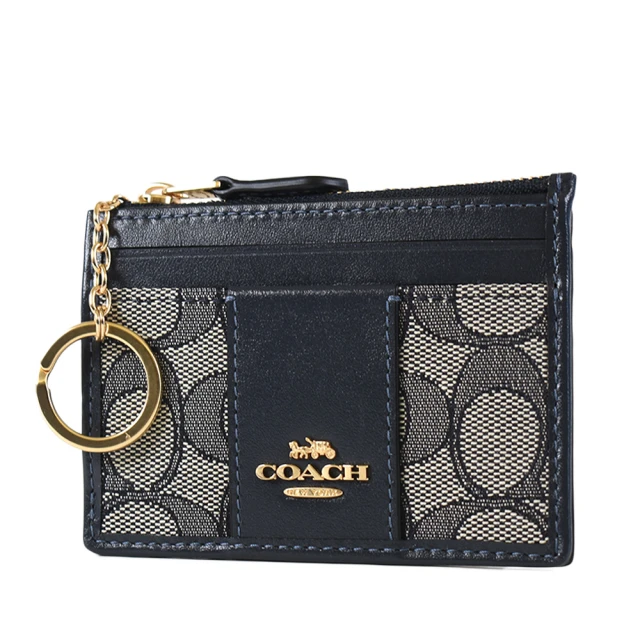 COACH 布面緹花LOGO證件/鑰匙零錢包-午夜藍評價推薦