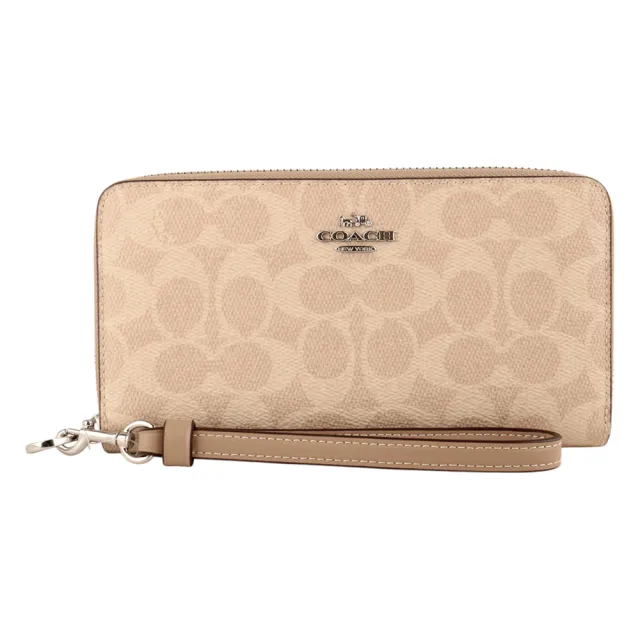 【COACH】金馬車防刮LOGO皮革拉鍊掛帶長夾(卡其x淺褐)
