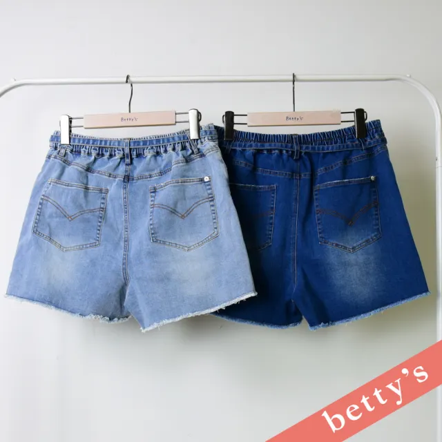 【betty’s 貝蒂思】出清品  細腰帶鬚邊刷破牛仔短褲(淺藍)