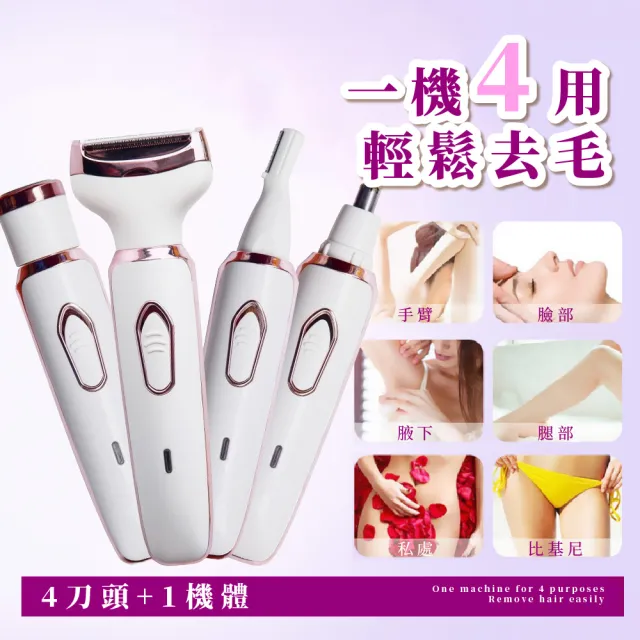 【無痛除毛】4in1清新輕盈電動除毛刀-附4種刀頭(私密處除毛 USB 修眉刀 剃毛器 美體機 脫毛儀 腋下腋毛)
