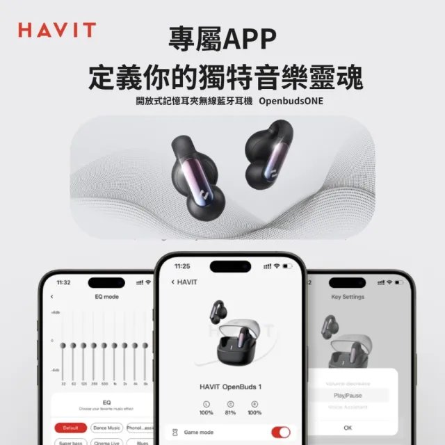 【Havit 海威特】OPENBUDS1 AI降躁開放式無線藍芽耳機(APP調音 自訂按鍵 TWS藍牙 記憶金屬夾 IPX4防水)