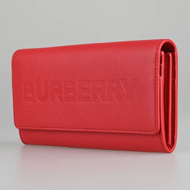 【BURBERRY 巴寶莉】BURBERRY Porter壓印LOGO牛皮12卡翻蓋壓釦式長夾(紅)