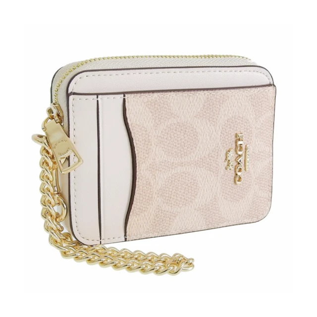 COACH 白X卡其馬車CLOGO鍊條皮革卡夾零錢包(CW8