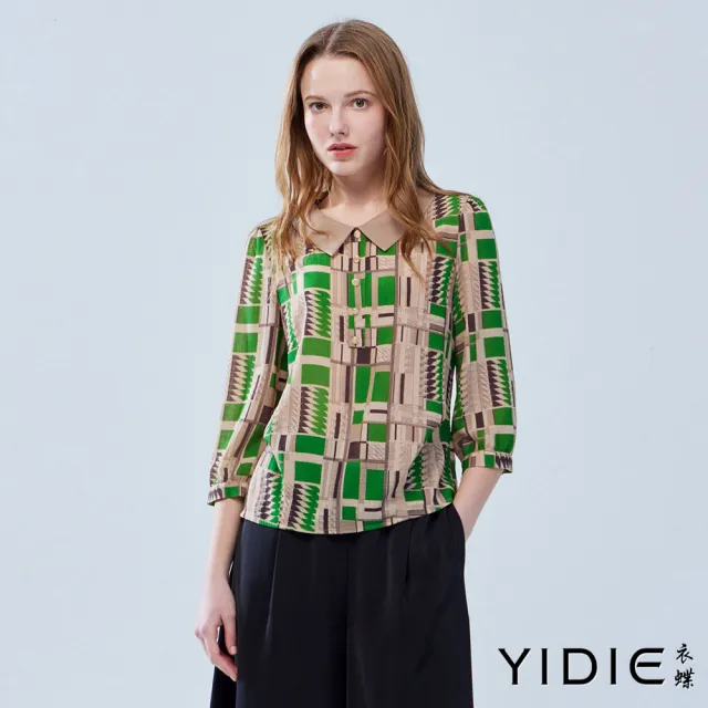 【YIDIE 衣蝶】跳色翻領幾何印花七分袖雪紡上衣-卡其