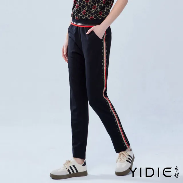 【YIDIE 衣蝶】六角星刺繡水鑽織帶長褲套裝-黑(上下身分開販售)