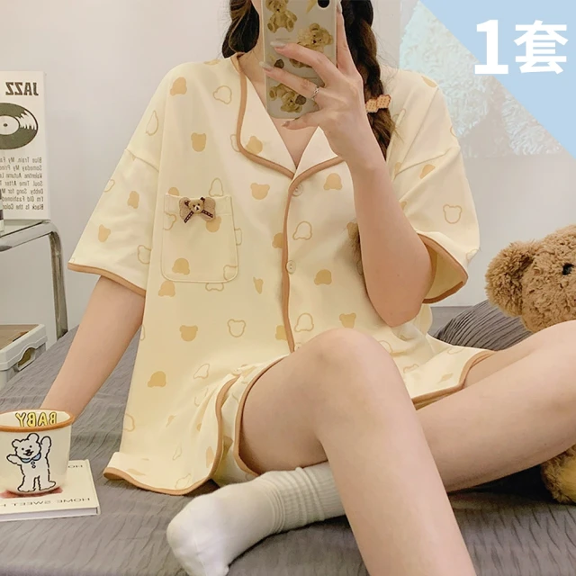Chic Chic 琪琪Chic Chic 琪琪 1套組-趣味小熊棉質翻領居家套裝(短袖睡衣/居家服/睡衣套裝/春夏睡衣/居家套裝/女睡衣)