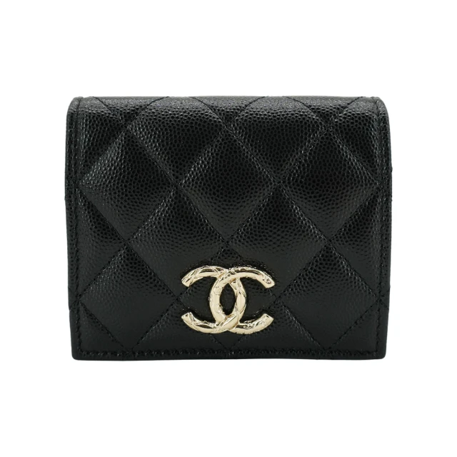 CHANEL 香奈兒CHANEL 香奈兒 展示品 粒紋牛皮金刻logo對折釦式短夾(AP3974-黑)