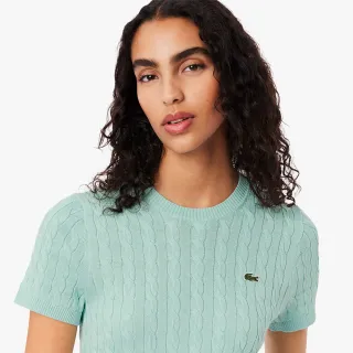 【LACOSTE】女裝-拐花條紋針織貼身短袖上衣(淺綠色)