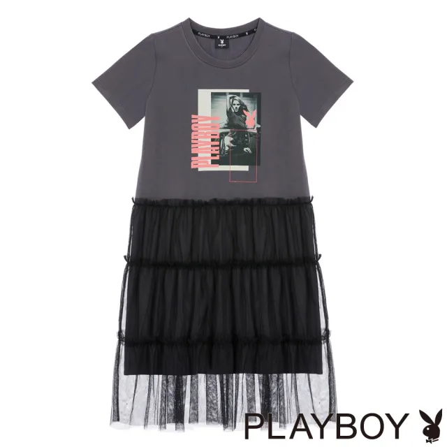 【PLAYBOY】煙灰色拼接網紗長洋裝(煙灰色)