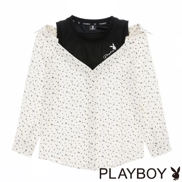 【PLAYBOY】時髦假兩件露肩星點襯衫(白色)
