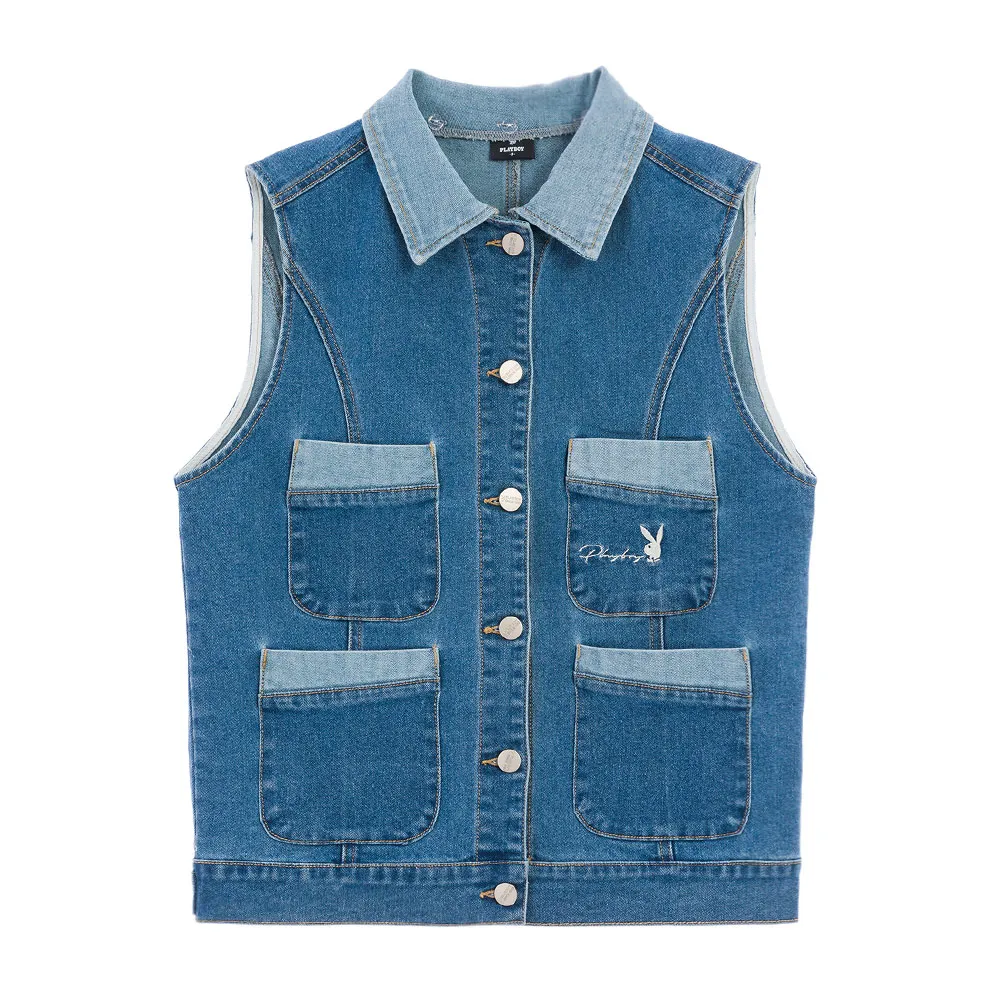 【PLAYBOY】撞色可拆式領片丹寧背心(牛仔藍)