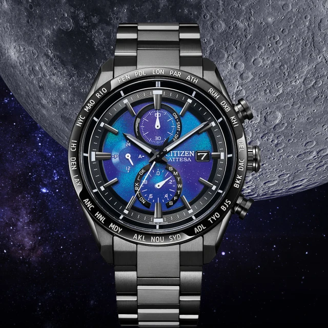 【CITIZEN 星辰】HAKUTO-R 限量宇宙登月光動能全球電波萬年曆世界時區腕錶 黑藍 42mm(AT8285-68Z)