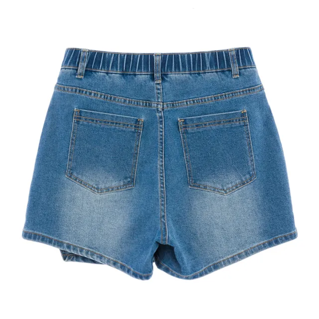 【PLAYBOY】撞色袋邊刷色丹寧褲裙(牛仔藍)