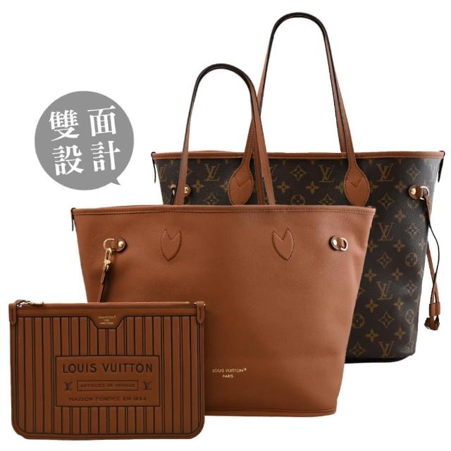 全新 LOUIS VUITTON 路易威登 M12061 Neverfull Inside Out MM 系列肩揹包，採用咖啡色系帆布與牛皮雙面設計，展現經典LV風格。內附LV原廠防塵袋與專櫃購買證明影本，為歐洲專櫃平行輸入商品，產地為法國。尺寸為長31cm、寬14cm、高28cm，提把高度20cm，可輕鬆搭配手提或肩背。內部設定1個內袋，可容納A4檔案，適合日常出勤與輕便出遊使用。