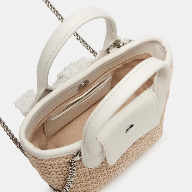 【steve madden】珠珠蝴蝶結草編手提包 BBOWW(白色)